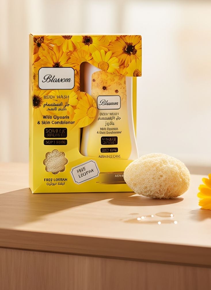 Blossom Glycerin Body Wash Gift Set with Free Loofah – Moisturizing Shower Gel for Soft Skin, Yellow Floral Pack - Image 2